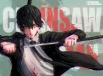  1boy black_hair black_jacket black_necktie blood blood_on_clothes blood_on_face blue_eyes blurry chainsaw_man chromatic_aberration cigarette collared_shirt earrings formal green_background hair_between_eyes hayakawa_aki highres holding holding_sword holding_weapon instagram_username jacket jewelry katana looking_at_viewer motion_lines necktie nosebleed sheath shirt short_hair solo stephengiannart stud_earrings suit sword topknot twitter_username unsheathing weapon white_shirt 