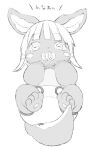  1other animal_ears diaper embarrassed furry hand_on_own_face hands_on_own_cheeks hands_on_own_face legs_up looking_at_viewer lying made_in_abyss md5_mismatch monochrome nanachi_(made_in_abyss) on_back pacifier rabbit_ears saliva simple_background solo unknownid white_background 