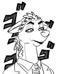  anonymous_artist anthro clothing cosplay disney eyebrows eyelashes female hair headshot_portrait hi_res highlights_(coloring) hyaenid japanese_text jojo&#039;s_bizarre_adventure mammal monochrome necktie portrait shenzi solo suit text the_lion_king thick_eyebrows yoshikage_kira 