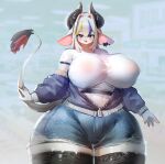  &lt;3 2022 anthro areola big_breasts blue_eyes blush boots bottomwear bovid bovine breasts clothing crop_top curvy_figure denim denim_clothing ear_piercing female floppy_ears footwear hair hand_on_tail highlights_(coloring) horn huge_breasts huge_thighs jacket jeans legwear looking_at_viewer mammal midriff navel nipple_outline open_mouth open_smile pants piercing pink_areola portrait raised_tail shirt smile solo tail_tuft thick_thighs thigh_boots thigh_highs three-quarter_portrait topwear translucent translucent_clothing tuft utterangle voluptuous white_body white_hair wide_hips 