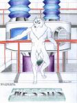  1996 ambiguous_gender anthro barefoot biped canid canine canis detailed_background english_text feet fur mammal nude solo standing text thomas_houlberg traditional_media_(artwork) white_body white_fur wolf 