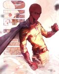  1boy absurdres bald blood blood_on_clothes cape clenched_hand gloves highres instagram_logo jumpsuit looking_at_viewer one-punch_man red_gloves saitama_(one-punch_man) serious smoke solo stephengiannart twitter_username white_background white_cape yellow_jumpsuit 