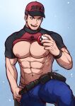  1boy abs absurdres bara belt belt_bag blue_background blue_eyes brown_hair clothes_lift clothes_pull courier_trainer denim hat highres iker_(pokemon) jeans kuroshinki large_pectorals looking_at_viewer male_focus manly mature_male muscular muscular_male nipples open_mouth pants pants_pull pectorals poke_ball pokemon pokemon_(game) pokemon_sv shirt shirt_lift short_hair signature simple_background smile solo teeth thick_arms thick_eyebrows thick_thighs thighs tight tongue veins veiny_arms 