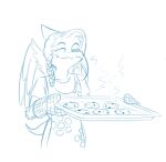  anthro apron baking baking_tray braided_hair clothing cookie dinosaur eyes_closed feathered_wings feathers female food hair handwear mature_female mittens monochrome protonmono pterodactylus pterosaur reptile samantha_(snoot_game) scalie sketch snoot_game_(fan_game) solo tired_eyes wings 