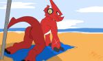  absurd_res all_fours anthro anus backsack balls bandai_namco beach beach_umbrella beachside butt claws digimon digimon_(species) genitals headphones heibanhikaru hi_res male nude presenting presenting_anus red_body scalie scar sea seaside shoutmon solo water 