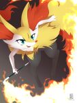  2022 absurd_res ambiguous_gender anthro big_ears black_body black_fur braixen canid canine digitigrade elemental_manipulation eryz fire fire_manipulation fluffy fur generation_6_pokemon gradient_background green_eyes grey_background hi_res inner_ear_fluff mammal nintendo open_mouth open_smile pipe pokemon pokemon_(species) red_body red_fur red_nose shaded sienna_(eryz) signature simple_background smile snout solo tuft video_games white_body white_fur yellow_body yellow_fur 