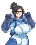  1girl animification black-framed_eyewear boots breasts brown_hair coat commentary fur_boots fur_coat gloves hair_bun hair_ornament hair_stick heart highres huge_breasts looking_at_viewer medium_hair mei_(overwatch) mochi_(chain_csn) overwatch overwatch_1 overwatch_2 parka single_hair_bun solo symbol-only_commentary winter_clothes winter_coat 