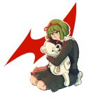  1girl absurdres bangs brown_dress closed_mouth danganronpa_(series) danganronpa_another_episode:_ultra_despair_girls doll_hug dress frown green_eyes green_hair hair_ribbon highres isabelle_(aries_petal) kneehighs long_sleeves monokuma object_hug red_background red_ribbon ribbon seiza shiny shiny_hair shoes short_hair sitting socks towa_monaka two-tone_background white_background white_footwear 