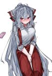  1girl ahoge baggy_pants between_legs blush bow breasts closed_mouth collared_shirt feet_out_of_frame fujiwara_no_mokou grey_hair hair_bow hand_between_legs hands_on_own_crotch highres large_breasts long_hair long_sleeves looking_to_the_side messy_hair nose_blush pants red_eyes red_pants remote_control_vibrator sex_toy shirt sidelocks suspenders touhou trembling very_long_hair vibrator vivo_(vivo_sun_0222) white_background white_bow white_shirt 