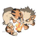  animal_hands arcanine blacknirrow bonfire breathing_fire bright_pupils brown_eyes closed_eyes english_commentary evolutionary_line fangs fire flamethrower_(pokemon) growlithe no_humans nose_bubble pokemon pokemon_(creature) simple_background sleeping white_background white_pupils zzz 