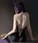  1girl back_focus backless_dress backless_outfit cross-laced_clothes dress from_behind gradient_hair halo highres hololive hololive_english multicolored_hair ninomae_ina&#039;nis orange_hair purple_hair sitting takodachi_(ninomae_ina&#039;nis) tama_(tamago) tentacle_hair 