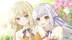  2girls :d arm_ribbon artist_name assault_lily bangs black_ribbon blonde_hair blunt_bangs blurry blurry_background blush braid breasts cleavage cleavage_cutout closed_mouth clothing_cutout commentary_request commission day flower frilled_sleeves frills grey_hair hair_ribbon head_on_another&#039;s_shoulder highres juliet_sleeves kon_kanaho lens_flare light_particles long_hair long_sleeves looking_at_another looking_at_viewer medium_breasts miyagawa_takane multiple_girls navel neck_ribbon official_alternate_costume open_mouth outdoors pink_flower puffy_sleeves purple_eyes purple_ribbon red_ribbon ribbon sakura_tsubame shirt side-by-side side_braid sidelocks single_braid skeb_commission smile sunlight two-tone_shirt white_shirt yellow_shirt yuri 