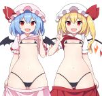  2girls :d ass_visible_through_thighs bangs bat_wings bikini black_bikini blonde_hair blue_hair bow breasts cameltoe clothes_lift clothes_pull collared_shirt cowboy_shot crystal fang flandre_scarlet frilled_shirt_collar frilled_sleeves frills hair_between_eyes hat hat_ribbon highleg highleg_bikini lifted_by_self looking_at_viewer looking_to_the_side medium_hair micro_bikini mob_cap multiple_girls navel one_side_up open_mouth paid_reward_available pink_headwear pink_shirt pink_skirt puffy_short_sleeves puffy_sleeves red_bow red_eyes red_ribbon red_skirt red_vest remilia_scarlet ribbon rizento shirt shirt_lift short_sleeves siblings simple_background sisters skirt skirt_pull skirt_set small_breasts smile string_bikini swimsuit touhou v vest white_background white_headwear white_shirt wings 