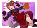  1girl ahoge animal_ears breasts brown_hair claw_pose dress drill_ponytail dutch_angle fangs feet_out_of_frame from_above halloween hands_up idolmaster idolmaster_million_live! idolmaster_million_live!_theater_days kamille_(vcx68) kemonomimi_mode kneehighs medium_breasts moon open_mouth outside_border purple_eyes side_ponytail sidelocks smile socks solo tail trick_or_treat wolf_ears wolf_tail yokoyama_nao 