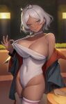  1girl :q ahoge backlighting bare_shoulders black_jacket blush breasts cleavage closed_mouth collarbone couch covered_navel cowboy_shot dark-skinned_female dark_skin green_eyes grey_hair grey_leotard groin gundam gundam_suisei_no_majo halterneck highleg highleg_leotard highres jacket large_breasts leaf98k leotard long_sleeves looking_at_viewer open_clothes open_jacket secelia_dote short_hair skindentation smile solo table thighhighs tongue tongue_out v-shaped_eyebrows white_thighhighs 