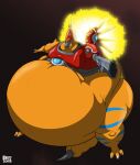  2018 anthro armor bandai_namco belly big_belly bottomless bottomless_anthro bottomless_male claws clothed clothing digimon digimon_(species) dino.d.dice facial_horn fangs fire gun_arm hi_res horn looking_at_viewer male morbidly_obese morbidly_obese_anthro morbidly_obese_male nose_horn obese obese_anthro obese_male open_mouth overweight overweight_anthro overweight_male rizegreymon signature solo stinger tail_between_legs teeth toe_claws tongue wings 
