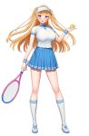  1girl ball bangs blonde_hair blue_collar blue_eyes blue_skirt blue_wristband blush breasts collar collared_shirt floating_hair full_body highres holding holding_ball holding_tennis_racket large_breasts lina_(michihasu) long_hair looking_at_viewer michihasu multicolored_clothes open_mouth original pleated_skirt racket shirt shirt_tucked_in shoes short_sleeves skirt smile sneakers socks solo sportswear standing tachi-e teeth tennis tennis_ball tennis_racket tennis_uniform thighs two_side_up upper_teeth white_background white_shirt white_socks wristband 