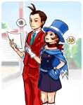  1boy 1girl ace_attorney apollo_justice apollo_justice:_ace_attorney arms_behind_back bangs blue_cape blue_dress blue_eyes brown_hair cape confetti dress earrings formal gloves hair_between_eyes hat holding holding_paper jewelry magician nicanatz pants paper pointing rabbit red_pants red_scarf red_vest scarf short_hair sweatdrop top_hat trucy_wright vest white_gloves 