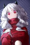  1girl bangs black_horns breasts cable demon_girl demon_horns frown grey_hair haraya_manawari helltaker highres holding horns large_breasts lock long_hair long_sleeves modeus_(helltaker) red_eyes red_sweater sex_toy shiny shiny_hair solo sweater 