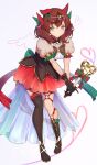  1girl alternate_costume animal_ears brown_eyes closed_mouth full_body heart highres horse_ears horse_tail kodoneri_(user_quk1118) looking_at_viewer magical_girl nice_nature_(umamusume) red_hair simple_background single_thighhigh solo tail thighhighs umamusume wand white_background 