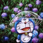  1:1 2019 anthro bell blue_body blue_fur collar domestic_cat doraemon doraemon_(character) felid feline felis flower fur holding_object holding_umbrella looking_at_viewer machine male mammal mt_tg open_mouth plant pouch_(anatomy) red_collar red_nose robot shaded solo standing tongue umbrella whiskers white_body white_fur 