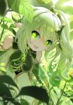  1girl armlet artist_name bare_shoulders english_text genshin_impact green_eyes green_hair hair_ornament highres leaf long_hair looking_at_viewer mimi_n nahida_(genshin_impact) open_mouth pointy_ears side_ponytail sleeveless smile twitter_username web_address 