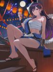  1girl bangs bare_shoulders black_footwear breasts cleavage commentary commission english_commentary fireworks full_body full_moon highres hood_(james_x) large_breasts long_hair looking_at_viewer moon navel original outdoors parted_lips ponytail purple_eyes purple_hair sandals sitting smile solo sparkler teeth thighs 