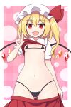  1girl bangs bikini black_bikini blonde_hair border checkered_background clothes_lift clothes_pull cowboy_shot crystal flandre_scarlet hair_between_eyes lifted_by_self looking_at_viewer medium_hair micro_bikini one_side_up open_mouth outside_border pink_background red_skirt red_vest rizento shirt shirt_lift skirt skirt_pull smile solo swimsuit touhou v vest white_border white_headwear white_shirt wings 