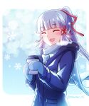 1girl :d ^_^ ^o^ alternate_costume bangs blunt_bangs blurry bow closed_eyes coat coffee_cup commentary contemporary cup depth_of_field disposable_cup english_commentary genshin_impact grey_hair grey_scarf hair_bow hair_ribbon highres holding holding_cup ice_crystal kamisato_ayaka long_hair long_sleeves looking_at_viewer mhunter_45 mittens ponytail ribbon scarf sidelocks simple_background smile solo steam tress_ribbon visible_air winter_clothes winter_coat 