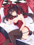  1girl animal_ears ass black_gloves black_hair black_ribbon black_thighhighs breasts choker cleavage date_a_live gloves heterochromia large_breasts leotard long_hair looking_at_viewer lying on_bed on_side pillow playboy_bunny rabbit_ears rabbit_tail red_eyes red_leotard ribbon ribbon_choker signature solo spleeny tail thighhighs thighs tokisaki_kurumi twintails yellow_eyes 