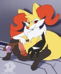  2022 3_toes 4_fingers animal_genitalia animal_penis anthro balls big_tail black_balls black_body black_fur braixen canine_penis chest_tuft cybernetic_arm cybernetic_limb digital_media_(artwork) eyebrows feet fingers fur generation_6_pokemon genitals head_tuft hi_res holding_object knot male mammal multicolored_body multicolored_fur nintendo orange_body orange_eyes orange_fur orange_nose penis pokemon pokemon_(species) red_penis shikaro shoulder_tuft sitting smile toes tuft video_games white_body white_fur yellow_body yellow_fur 