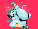  4:3 anthro areola big_breasts big_butt blue_body bottomwear breasts butt canid canine clothed clothing fangs felid feline female flexible footwear hair hi_res hotpants mammal nipples raised_leg red_background shoes shorts simple_background simple_eyes skimpy smile socks solo sweater tem temmie_(undertale) thick_thighs topless topwear undertale undertale_(series) video_games wolftang 