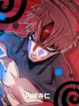  1boy afoggy dandadan earrings evil_eye_(dandadan) facial_mark highres jewelry jin_enjoji looking_at_viewer red_background red_eyes red_hair red_theme ringed_eyes short_hair simple_background solo spiral third_eye topless_male 