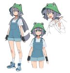  1girl :3 :d azuumori bandaid bandaid_on_knee bandaid_on_leg blue_footwear blue_overalls fang fingerless_gloves frog_hat gloves green_eyes green_headwear grey_hair grey_shirt hat highres index_finger_raised looking_at_viewer multiple_views open_mouth original overall_shorts overalls ponytail shirt shoes short_sleeves simple_background smile socks standing white_background white_socks 