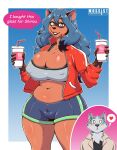  &lt;3 absurd_res alternate_hairstyle anthro belly beverage big_breasts blue_body blue_eyes blue_fur blue_hair blush brand_new_animal breasts brown_body brown_fur camel_toe canid canine canis cleavage clothed clothing collar crop_top curvy_figure dialogue dipstick_hair dipstick_tail duo female fur gloves_(marking) hair hi_res huge_breasts long_hair male mammal markings michiru_kagemori mossist navel neck_tuft nipple_outline raccoon_dog shirou_ogami shirt signature speech_bubble studio_trigger tail_markings tanuki text thick_thighs thought_bubble topwear tuft voluptuous wide_hips wolf 