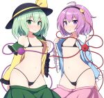  2girls ahoge bikini black_bikini black_hairband black_headwear blouse blue_shirt blush bow breasts clothes_pull cowboy_shot eyeball frilled_shirt_collar frilled_sleeves frills green_eyes green_skirt groin hair_ornament hairband hat hat_bow hat_ribbon heart heart_hair_ornament highres komeiji_koishi komeiji_satori light_green_hair long_sleeves medium_hair micro_bikini multiple_girls off_shoulder open_clothes open_shirt paid_reward_available pink_hair pink_skirt purple_eyes ribbon rizento shirt shirt_pull short_hair siblings simple_background sisters skirt skirt_pull small_breasts smile sweatdrop swimsuit third_eye touhou undressing wavy_hair white_background wide_sleeves yellow_bow yellow_ribbon yellow_shirt 