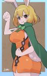  10:16 absurd_res anthro arumo big_breasts biped blonde_hair breasts brown_eyes cape carrot_(one_piece) clothing clothing_bow dress female fluffy fluffy_tail fur green_cape hair hi_res kemono lagomorph leporid long_ears mammal one_piece open_mouth open_smile orange_clothing orange_dress pink_nose rabbit short_hair smile solo white_body white_fur 