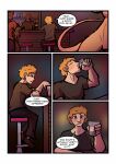  anthro biobasher blonde_hair border brown_eyes clothed clothing colored comic dialogue drinking english_text female genitals hair hi_res human male mammal nude pussy speech_bubble text white_border 