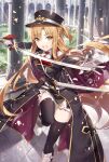  1girl asuna_(sao) black_thighhighs brown_eyes brown_hair gabiran gloves hat highres holding holding_sword holding_weapon long_sleeves looking_at_viewer military military_uniform open_mouth saber_(weapon) smile sword sword_art_online teeth thighhighs thighs titania_(sao) uniform upper_teeth weapon white_gloves zettai_ryouiki 