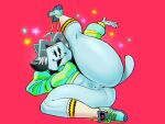  4:3 anthro big_breasts big_butt blue_body bottomless breasts butt canid canine cleft_of_venus clothed clothing edit fangs felid feline female flexible footwear hair hi_res mammal midriff peach_pussy raised_leg red_background shoes simple_background simple_eyes skimpy smile socks solo sweater tem temmie_(undertale) thick_thighs topwear undertale undertale_(series) video_games wolftang 