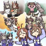  4girls =_= ahoge animal_ears apron black_hair brown_hair commentary_request copano_rickey_(umamusume) grey_hair hair_ornament hamu_koutarou hokko_tarumae_(umamusume) horse_ears horse_girl long_hair multiple_girls school_uniform smart_falcon_(umamusume) tracen_school_uniform umamusume wonder_acute_(umamusume) 