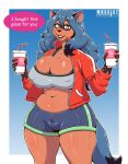  absurd_res alternate_hairstyle belly beverage big_breasts blue_body blue_eyes blue_fur blue_hair brand_new_animal breasts brown_body brown_fur camel_toe canid canine canis cleavage clothed clothing collar crop_top curvy_figure dialogue dipstick_hair dipstick_tail female fur gloves_(marking) hair hi_res huge_breasts long_hair looking_at_viewer mammal markings michiru_kagemori mossist navel nipple_outline raccoon_dog shirt signature slightly_chubby speech_bubble studio_trigger tail_markings talking_to_viewer tanuki text thick_thighs topwear voluptuous wide_hips wolf 