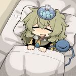  bag bags_under_eyes bed bed_sheet blush buttons closed_eyes diamond_(shape) diamond_button green_hair highres ice ice_cube komeiji_koishi long_sleeves lying medium_hair on_back on_bed pillow sheet_grab shirt sick sleeves_past_wrists tears thermometer third_eye touhou water yellow_shirt zunusama 