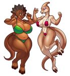 3_toes anthro big_breasts bikini blazbaros blue_eyes bone_frill breast_size_difference breasts brown_body brown_scales ceratopsian cleavage clothed clothing coluptuous dinosaur duo feet female female/female frill_(anatomy) hadrosaurid hi_res horn ornithischian parasaurolophus purple_eyes reptile scales scalie slightly_chubby sling_bikini smile swimwear tan_body thick_thighs toes triceratops wide_hips 