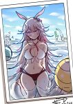  6+others absurdres alternate_eye_color animal_ears ball bangs beach beachball bikini blue_sky braid braided_ponytail breasts cleavage cloud cloudy_sky fei_lio_mao fox_ears full_body hair_ornament hand_on_own_chest highres honkai_(series) honkai_impact_3rd kallen_kaslana long_hair looking_at_viewer mismatched_bikini multiple_others navel one-piece_swimsuit pink_eyes pink_hair sitting sky smile surprised swimsuit wariza water white_hair white_one-piece_swimsuit yae_sakura 