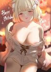  1girl :p animal_ears azuse_neko blonde_hair breasts cat_ears cat_girl cat_tail character_name cleavage collarbone commentary_request dress female_pubic_hair hair_ornament happy_birthday highres kemomimi_refle! large_breasts looking_at_viewer nekoma_karin pubic_hair red_eyes short_hair solo tail thighs tongue tongue_out virtual_youtuber white_dress 
