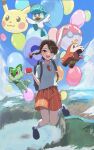  1girl :d absurdres arm_up backpack bag bangs black_bag black_footwear breast_pocket brown_hair collared_shirt commentary_request fuecoco hat highres holding holding_poke_ball juliana_(pokemon) looking_at_viewer necktie open_mouth orange_necktie orange_shorts pocket poke_ball poke_ball_(basic) pokemon pokemon_(creature) pokemon_(game) pokemon_sv quaxly ryoha_kosako shirt shoes shorts smile socks sprigatito starter_pokemon_trio teeth upper_teeth 