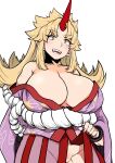  1girl alternate_costume bangs blonde_hair blush breasts breasts_day cleavage clothes_lift commentary cowboy_shot flipped_hair good_breasts_day groin highres himajin_noizu horns hoshiguma_yuugi huge_breasts japanese_clothes kimono kimono_lift long_hair looking_at_viewer no_panties open_mouth parted_bangs purple_kimono red_horns sidelocks simple_background single_horn smile solo star_(symbol) touhou white_background yellow_eyes 