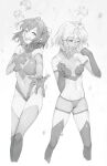  2girls absurdres air_bubble bodysuit bubble bubble_blowing hair_ribbon hand_on_own_chest highres kohinata_miku midriff monochrome multiple_girls music navel reaching_towards_viewer ribbon rou_(rou22) senki_zesshou_symphogear short_hair singing tachibana_hibiki_(symphogear) underwater 