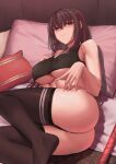  1girl absurdres alternate_costume ass bangs bare_arms bare_shoulders black_thighhighs blush breasts closed_mouth fate/grand_order fate_(series) highres indoors kakeku large_breasts looking_at_viewer lying on_side pillow red_eyes scathach_(fate) solo thighhighs thighs underboob 